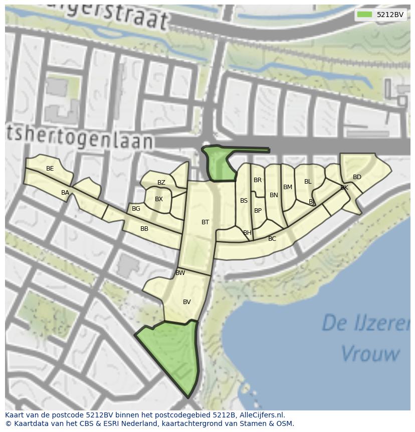 Afbeelding van het postcodegebied 5212 BV op de kaart.