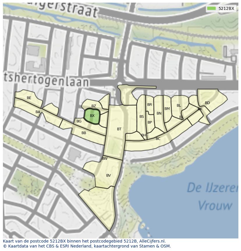 Afbeelding van het postcodegebied 5212 BX op de kaart.