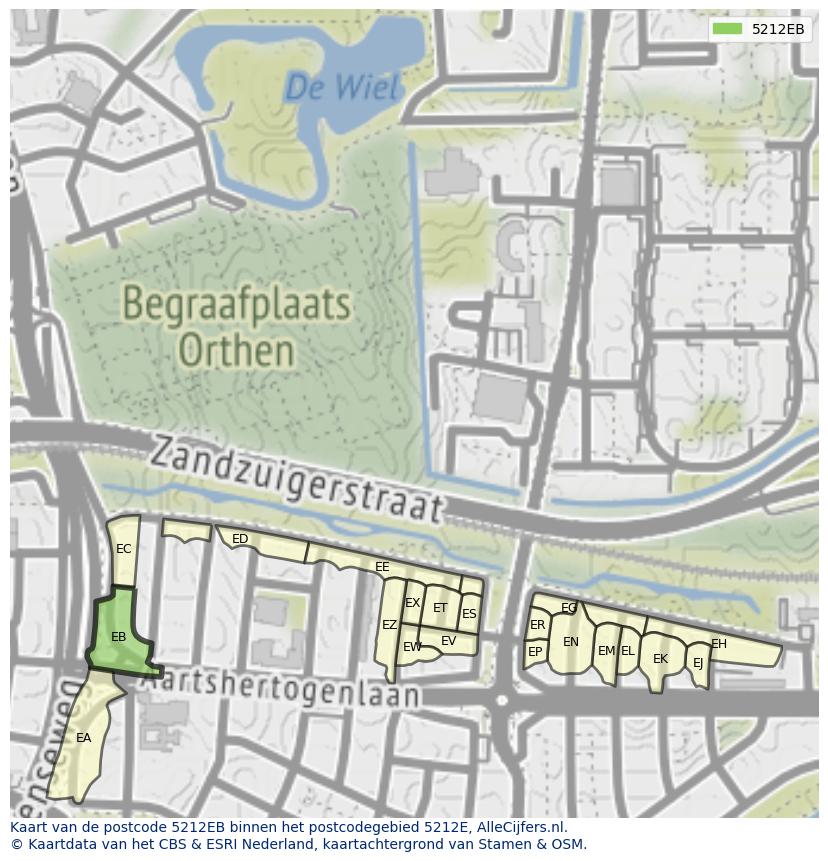 Afbeelding van het postcodegebied 5212 EB op de kaart.