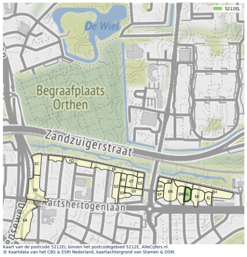 Afbeelding van het postcodegebied 5212 EL op de kaart.