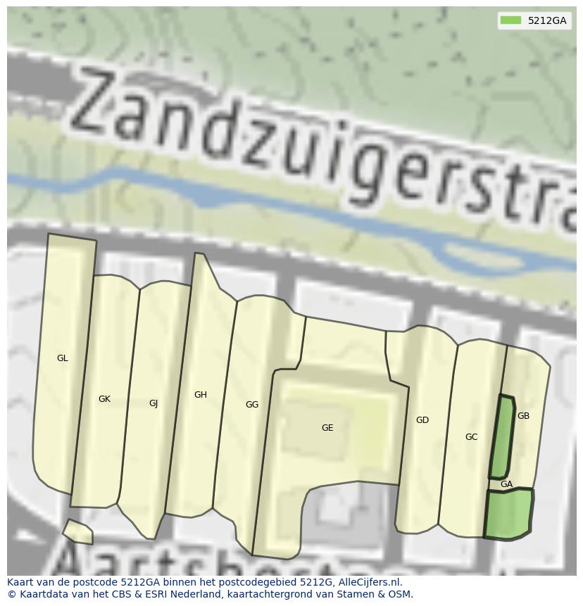 Afbeelding van het postcodegebied 5212 GA op de kaart.