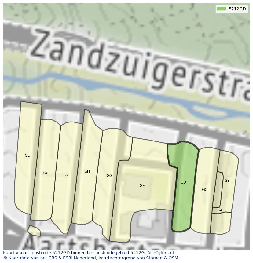 Afbeelding van het postcodegebied 5212 GD op de kaart.