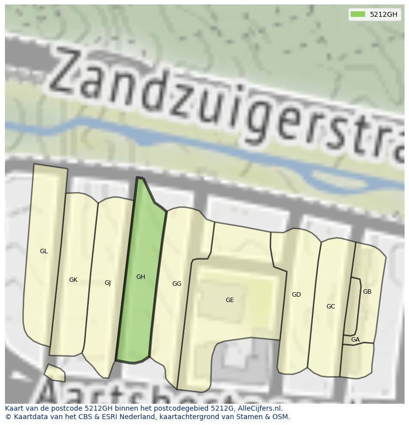 Afbeelding van het postcodegebied 5212 GH op de kaart.
