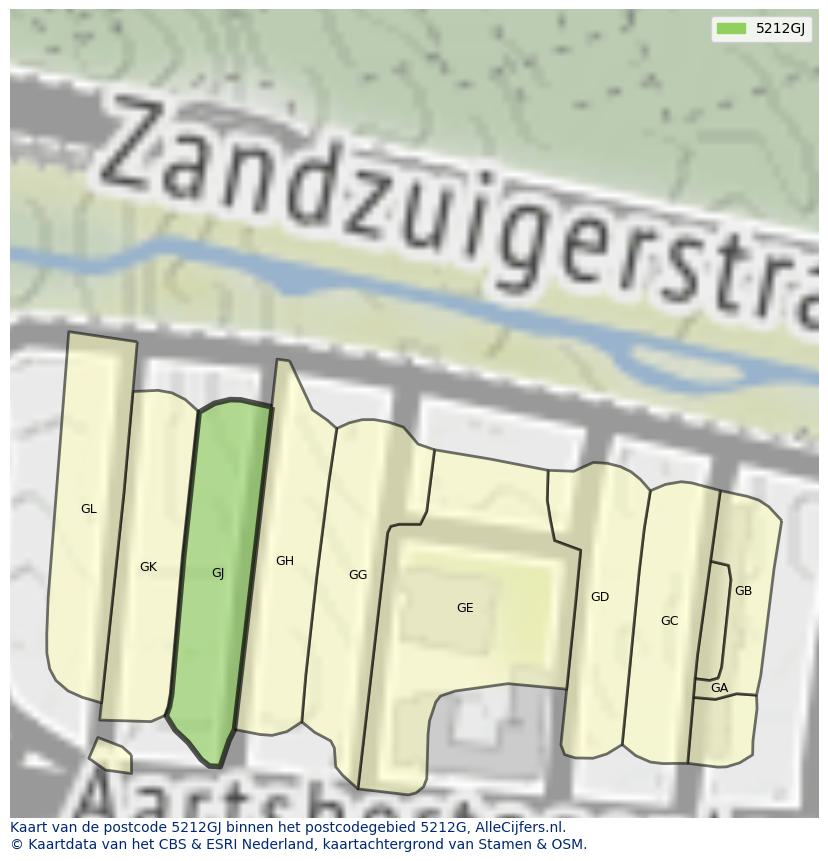 Afbeelding van het postcodegebied 5212 GJ op de kaart.