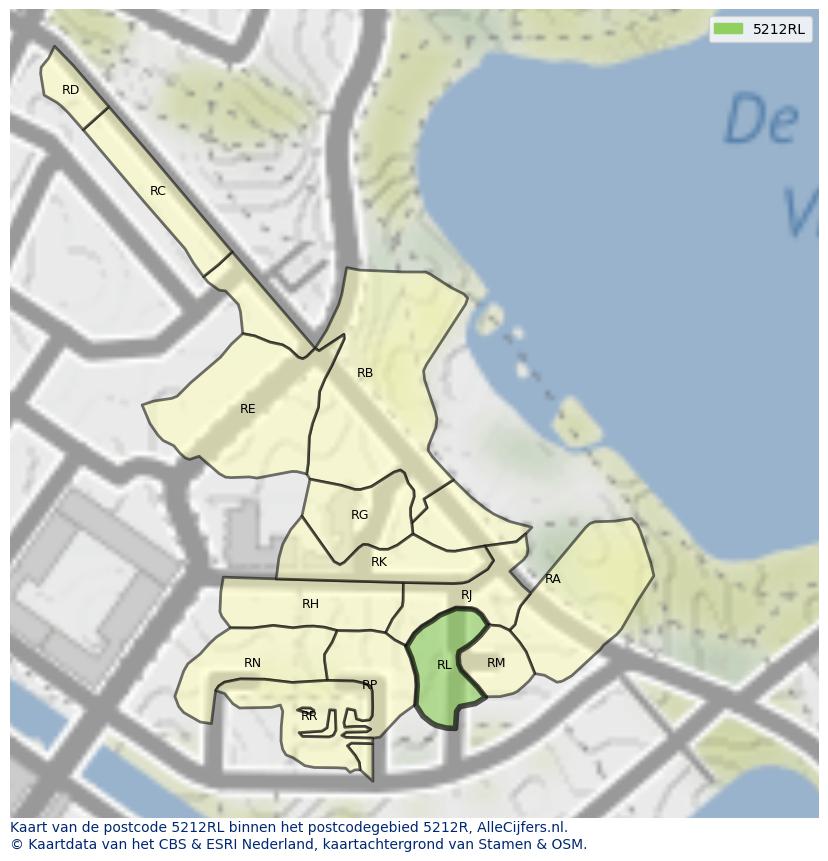 Afbeelding van het postcodegebied 5212 RL op de kaart.