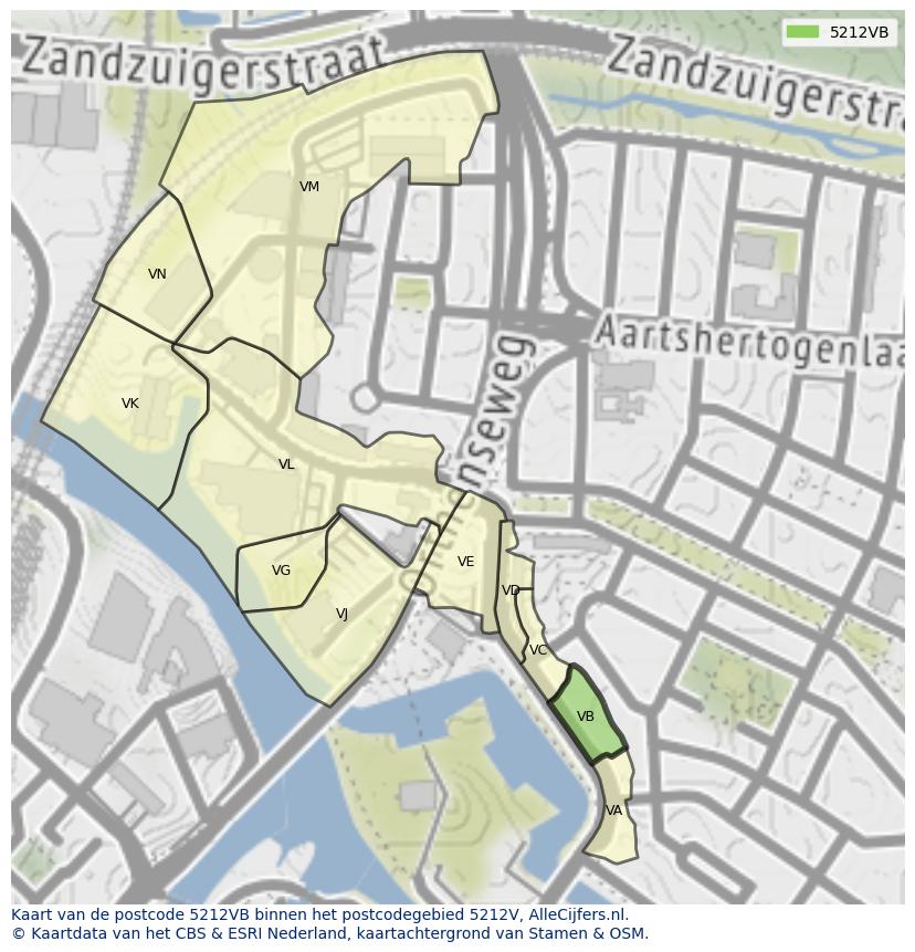 Afbeelding van het postcodegebied 5212 VB op de kaart.