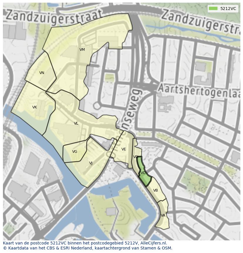 Afbeelding van het postcodegebied 5212 VC op de kaart.