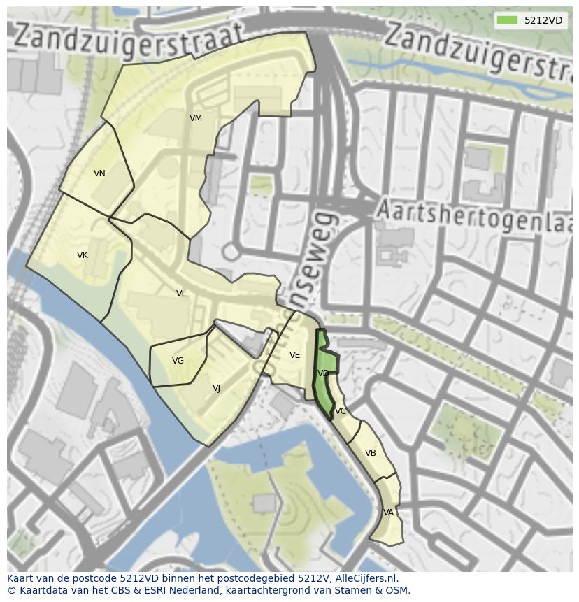 Afbeelding van het postcodegebied 5212 VD op de kaart.