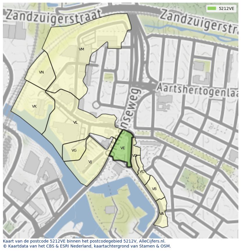 Afbeelding van het postcodegebied 5212 VE op de kaart.