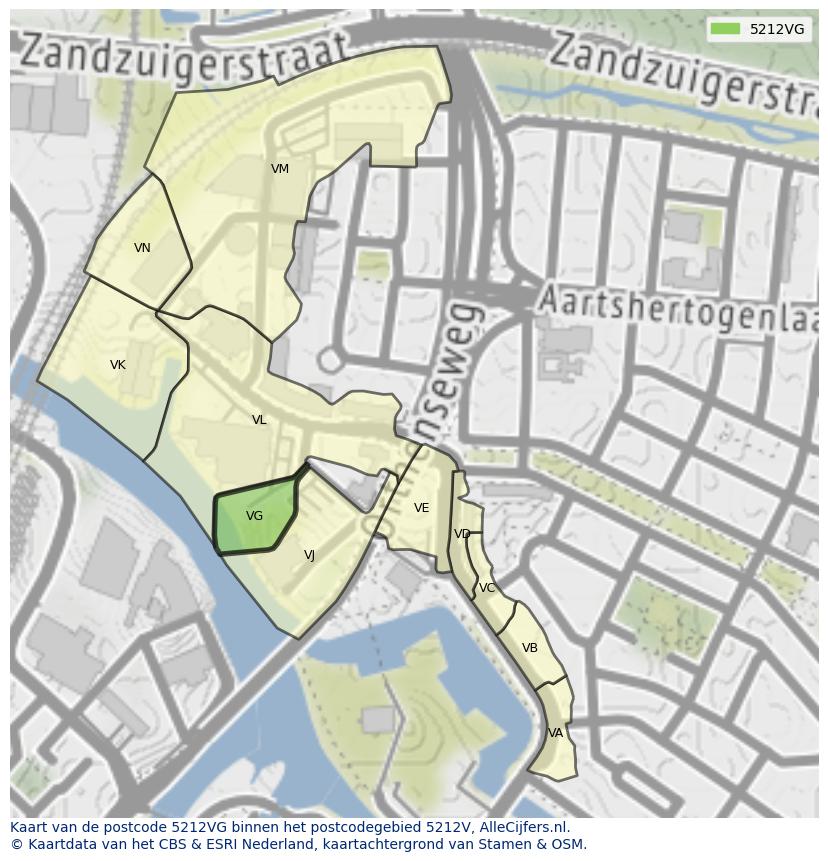 Afbeelding van het postcodegebied 5212 VG op de kaart.