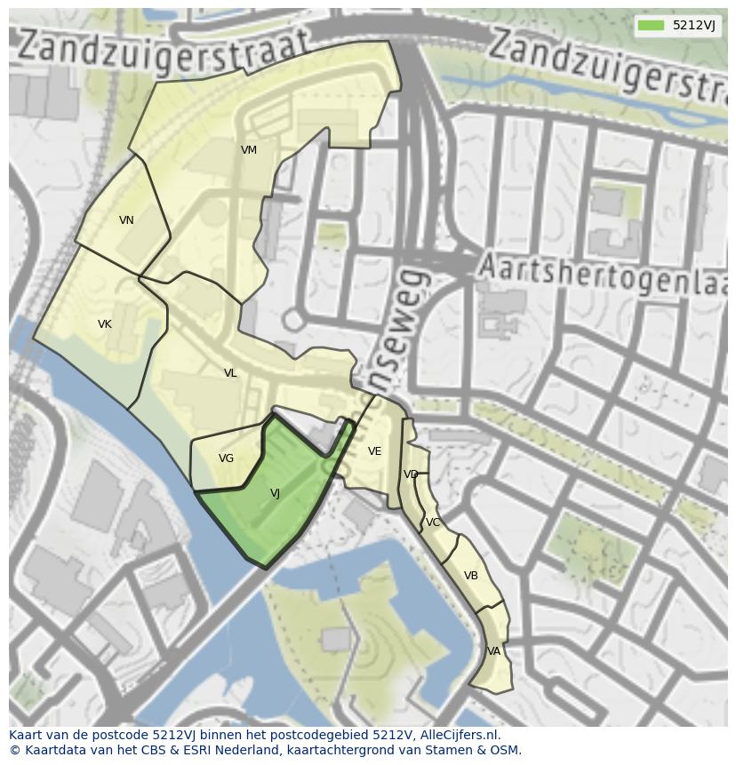 Afbeelding van het postcodegebied 5212 VJ op de kaart.