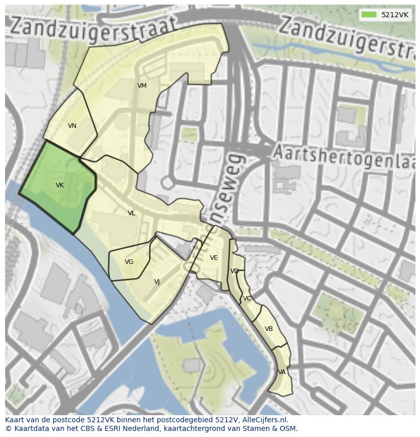 Afbeelding van het postcodegebied 5212 VK op de kaart.
