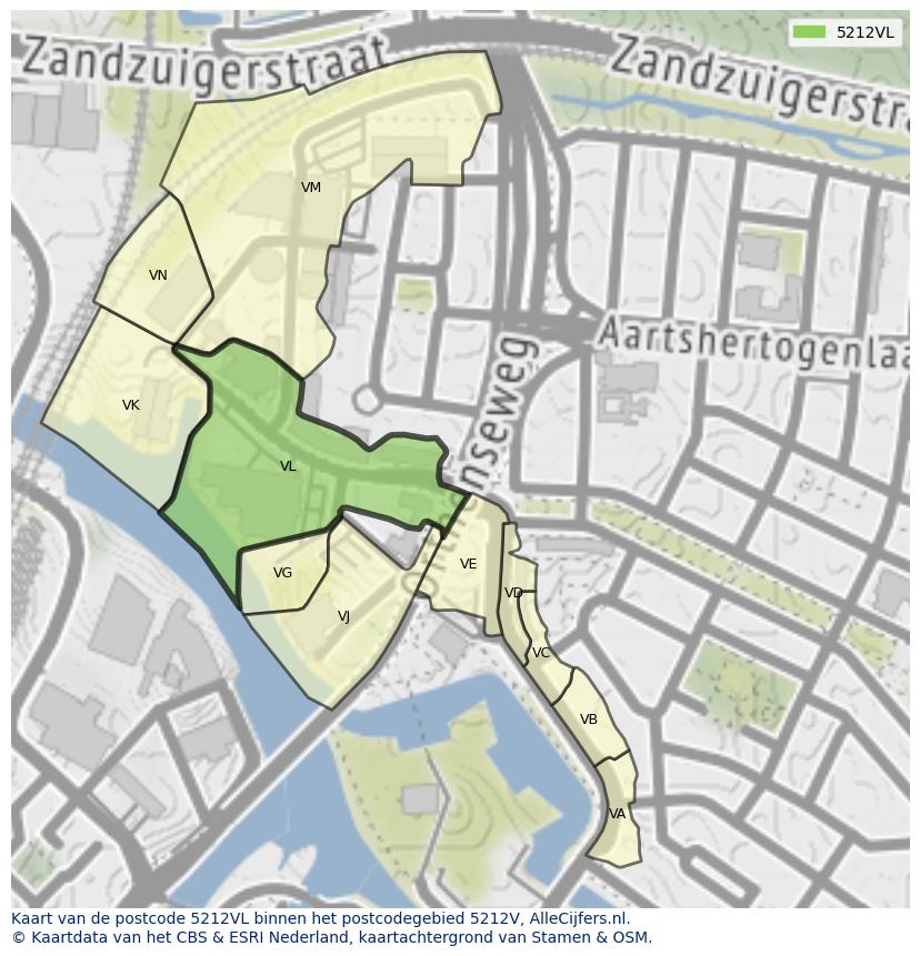 Afbeelding van het postcodegebied 5212 VL op de kaart.