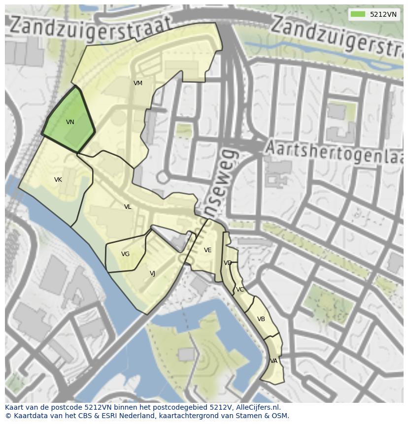 Afbeelding van het postcodegebied 5212 VN op de kaart.