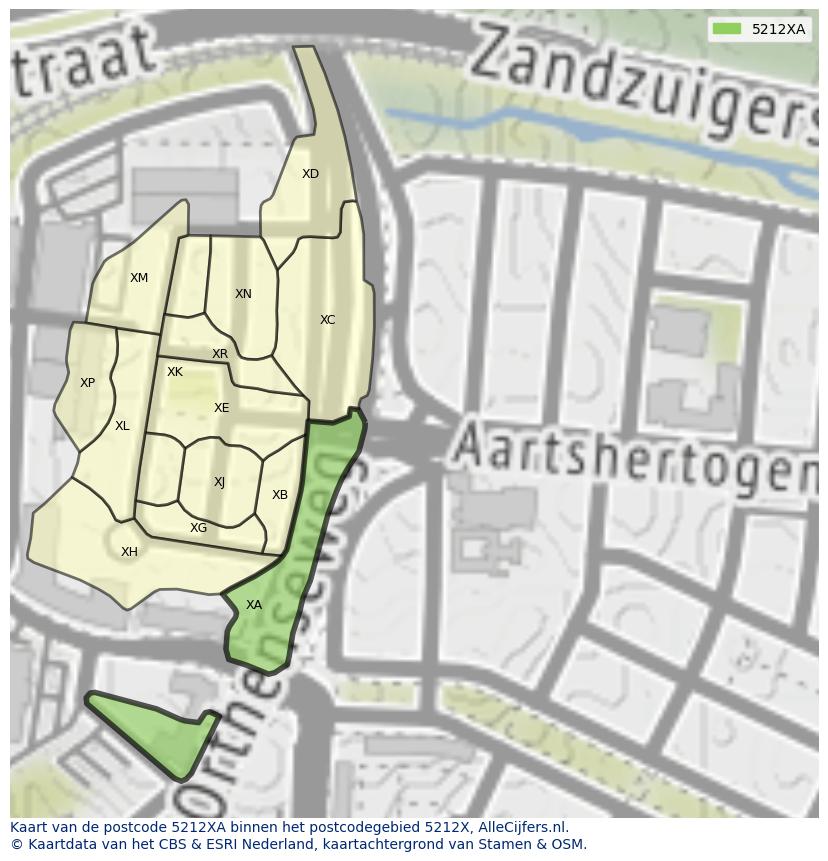 Afbeelding van het postcodegebied 5212 XA op de kaart.