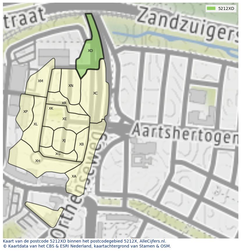 Afbeelding van het postcodegebied 5212 XD op de kaart.