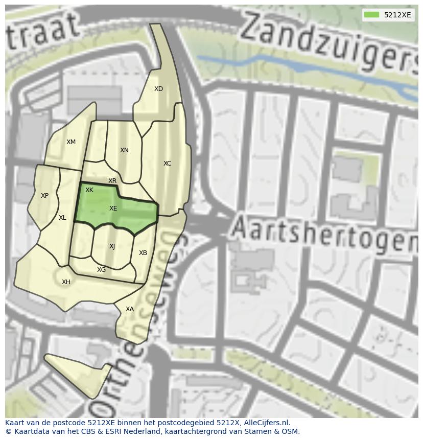 Afbeelding van het postcodegebied 5212 XE op de kaart.