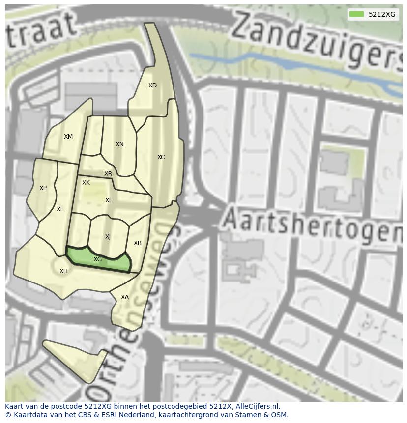 Afbeelding van het postcodegebied 5212 XG op de kaart.