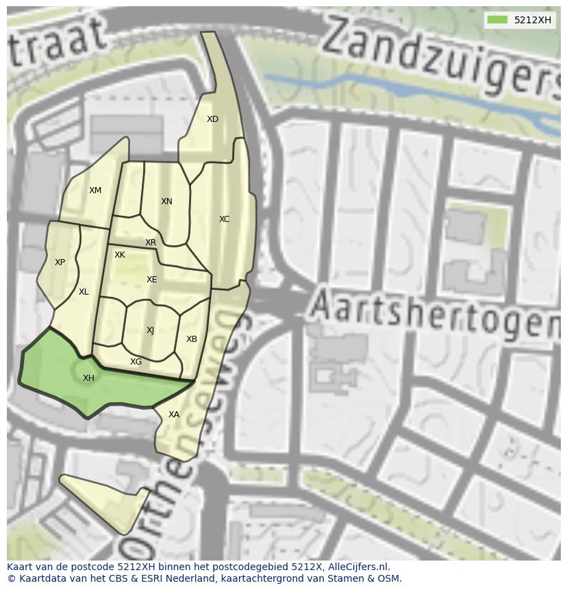 Afbeelding van het postcodegebied 5212 XH op de kaart.