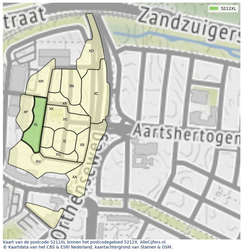 Afbeelding van het postcodegebied 5212 XL op de kaart.