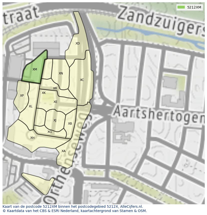 Afbeelding van het postcodegebied 5212 XM op de kaart.