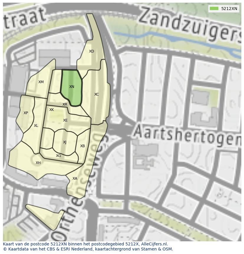 Afbeelding van het postcodegebied 5212 XN op de kaart.