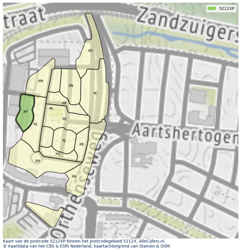 Afbeelding van het postcodegebied 5212 XP op de kaart.
