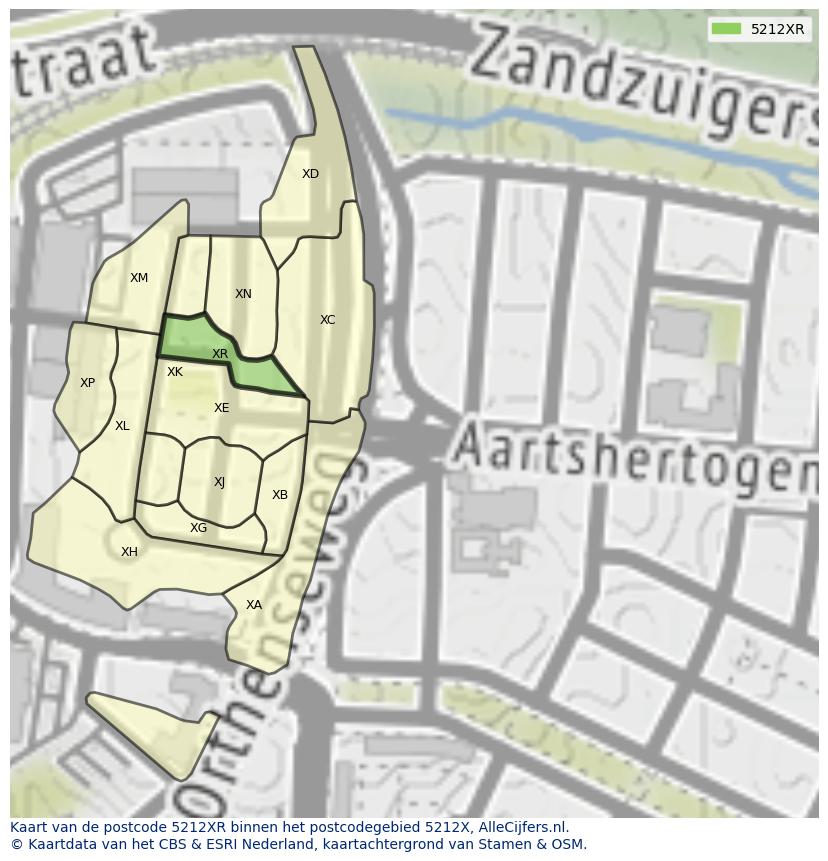 Afbeelding van het postcodegebied 5212 XR op de kaart.