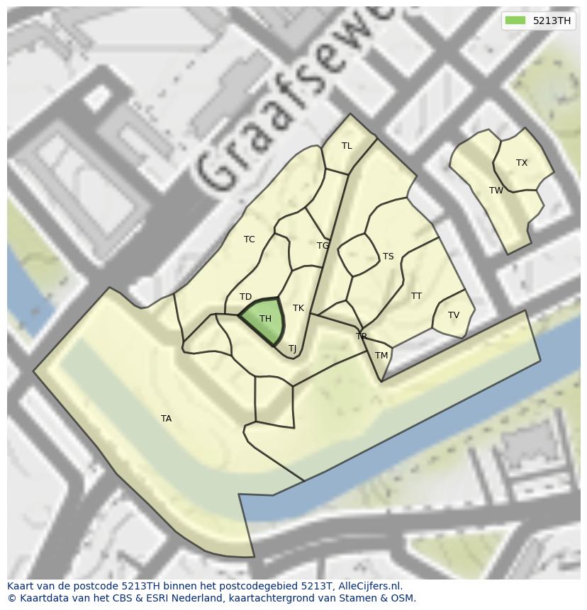 Afbeelding van het postcodegebied 5213 TH op de kaart.