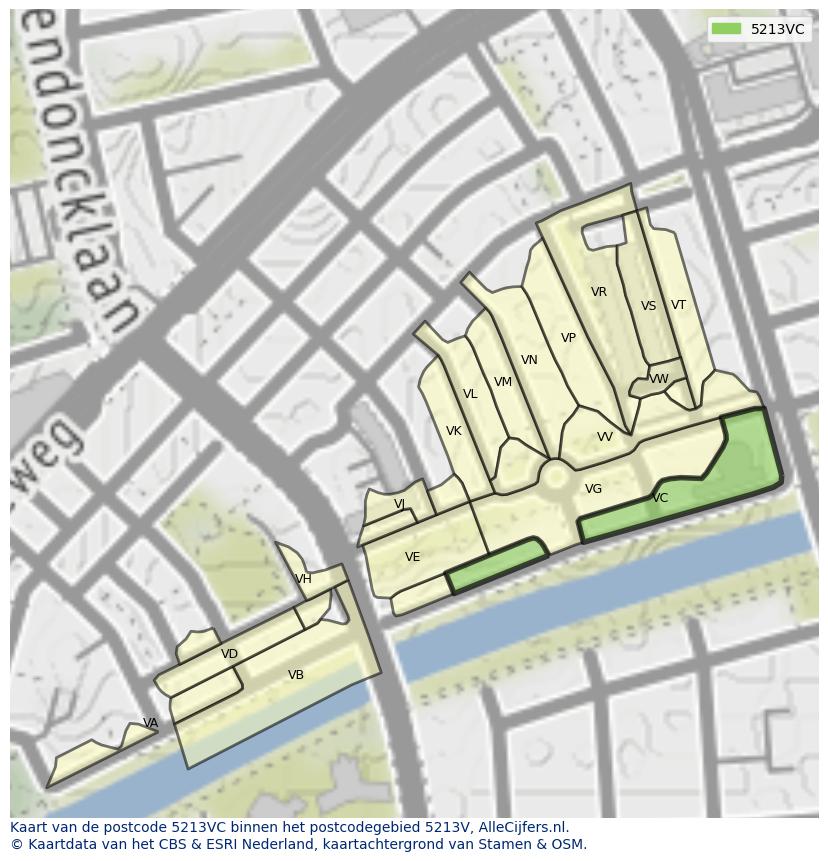 Afbeelding van het postcodegebied 5213 VC op de kaart.