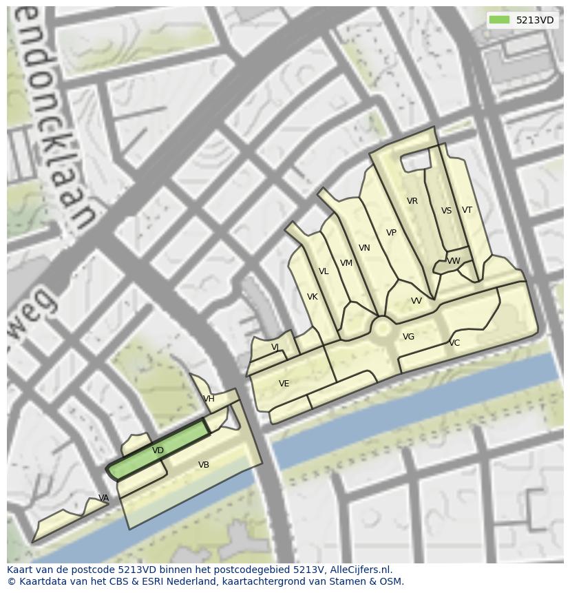 Afbeelding van het postcodegebied 5213 VD op de kaart.