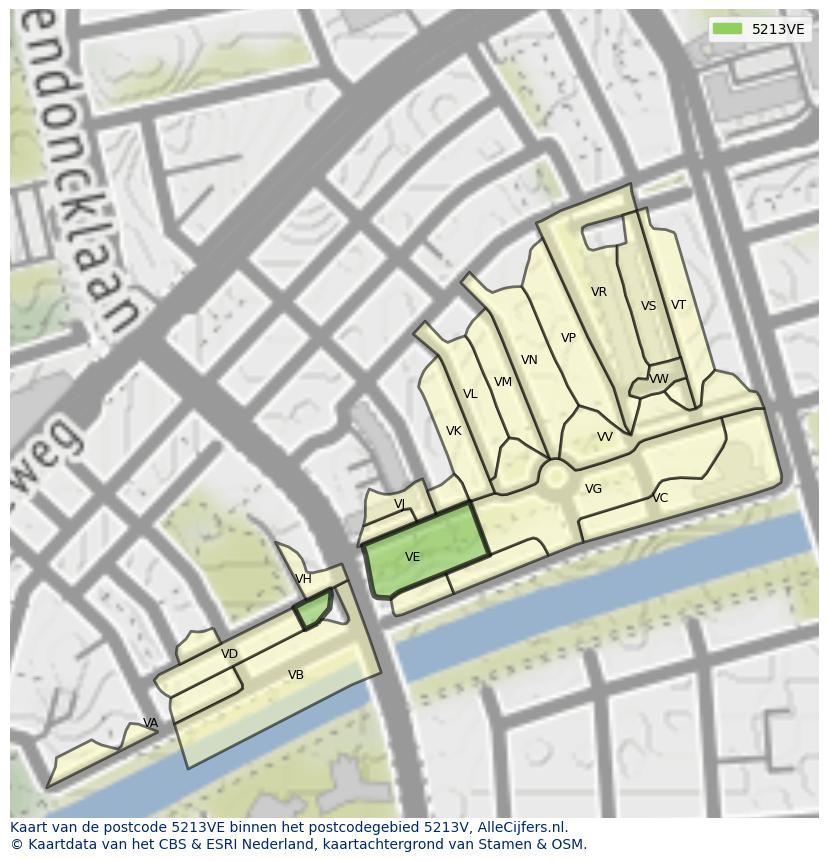 Afbeelding van het postcodegebied 5213 VE op de kaart.