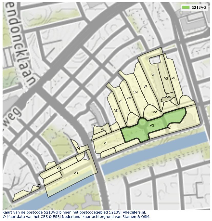Afbeelding van het postcodegebied 5213 VG op de kaart.