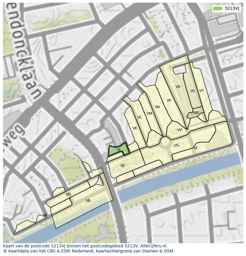 Afbeelding van het postcodegebied 5213 VJ op de kaart.