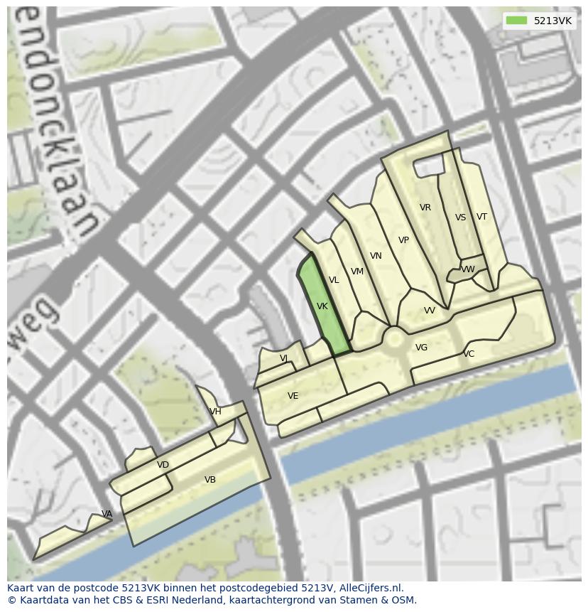 Afbeelding van het postcodegebied 5213 VK op de kaart.