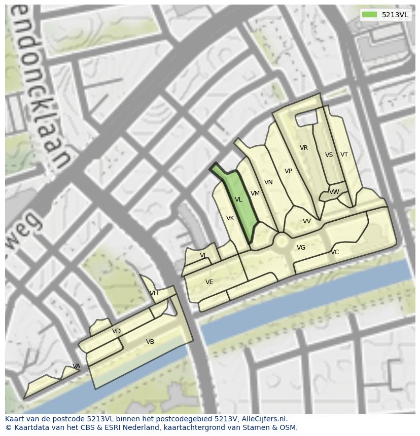 Afbeelding van het postcodegebied 5213 VL op de kaart.