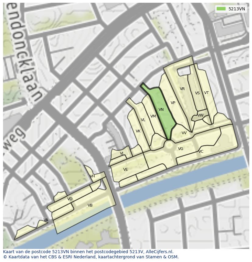 Afbeelding van het postcodegebied 5213 VN op de kaart.