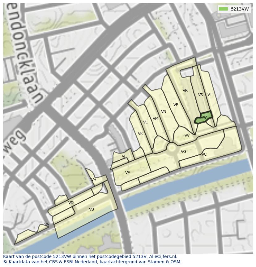 Afbeelding van het postcodegebied 5213 VW op de kaart.