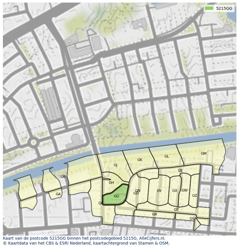 Afbeelding van het postcodegebied 5215 GG op de kaart.