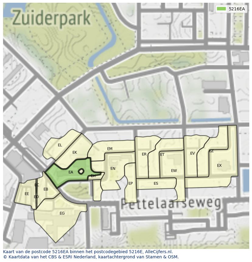 Afbeelding van het postcodegebied 5216 EA op de kaart.