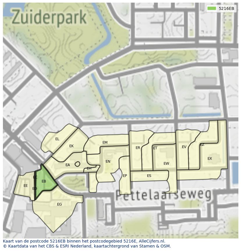 Afbeelding van het postcodegebied 5216 EB op de kaart.