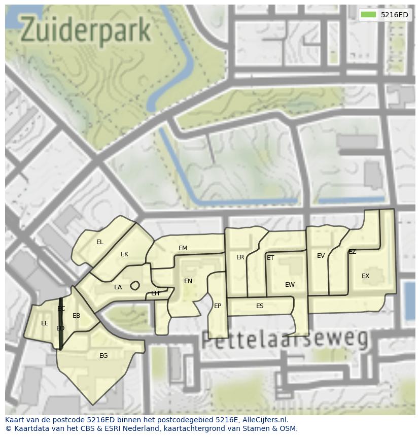 Afbeelding van het postcodegebied 5216 ED op de kaart.