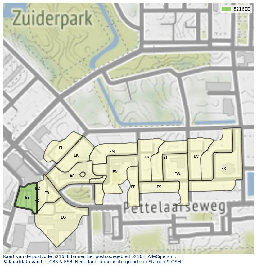 Afbeelding van het postcodegebied 5216 EE op de kaart.
