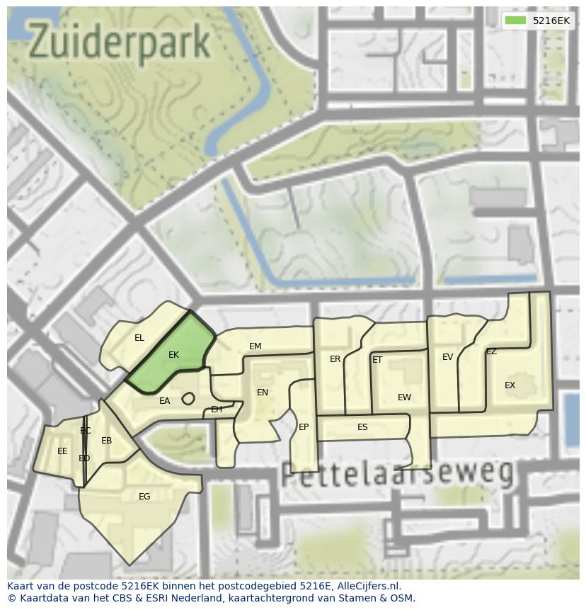 Afbeelding van het postcodegebied 5216 EK op de kaart.