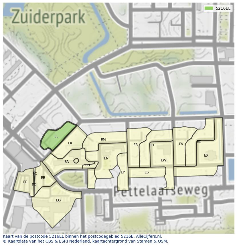 Afbeelding van het postcodegebied 5216 EL op de kaart.