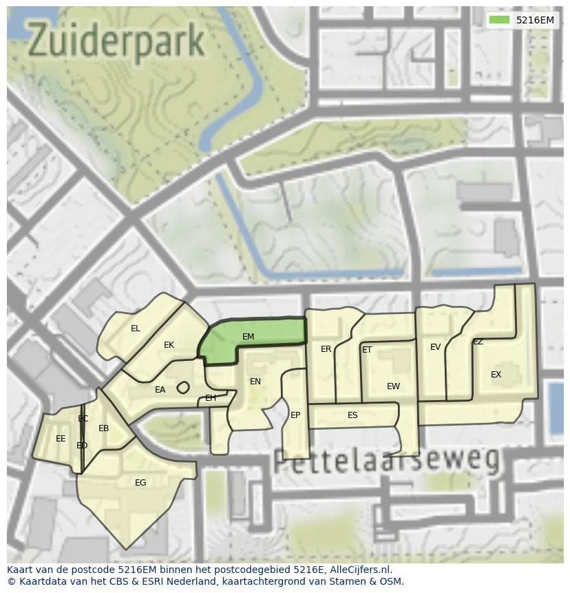 Afbeelding van het postcodegebied 5216 EM op de kaart.