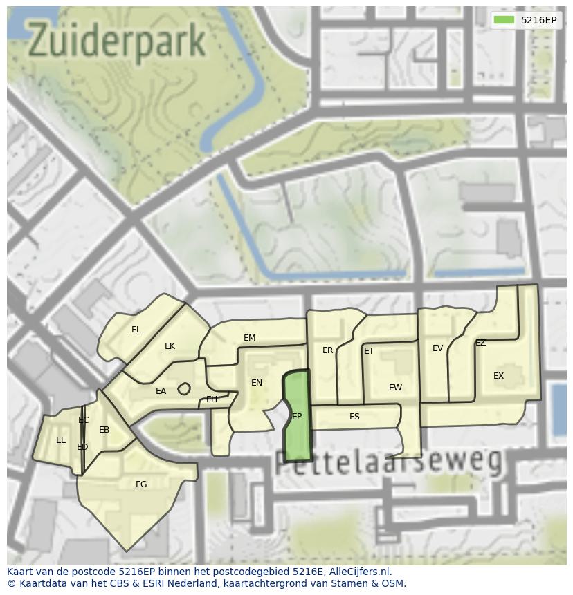 Afbeelding van het postcodegebied 5216 EP op de kaart.