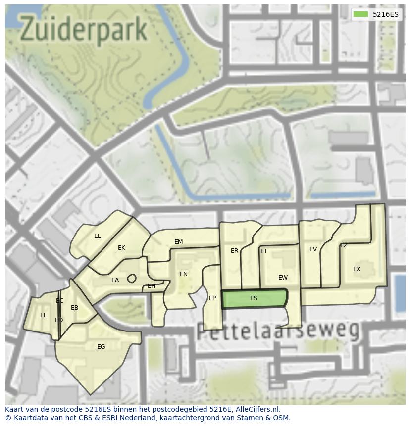Afbeelding van het postcodegebied 5216 ES op de kaart.