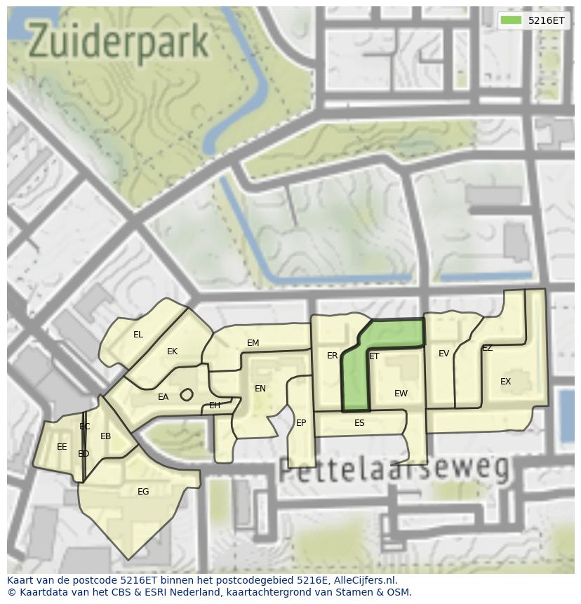 Afbeelding van het postcodegebied 5216 ET op de kaart.