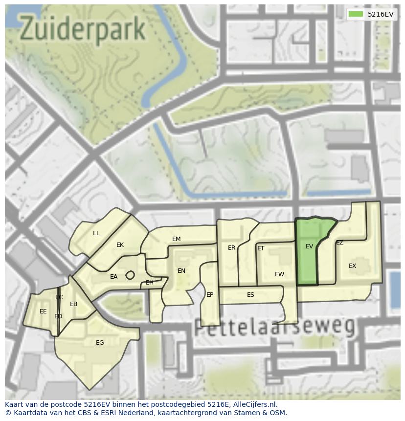 Afbeelding van het postcodegebied 5216 EV op de kaart.